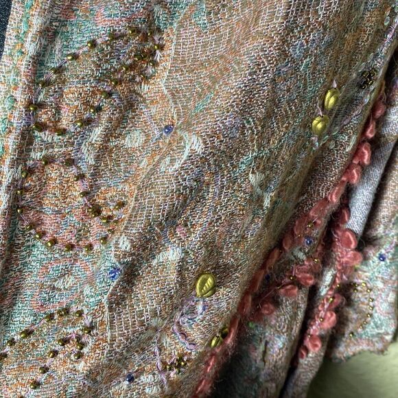 Cynthia rowley bohemian knit fringed beaded sequined textured scarf - Picture 2 of 7